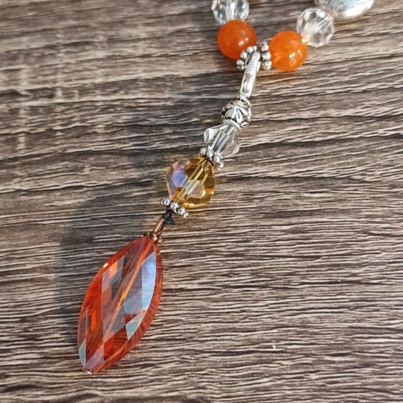 Aurora borealis glass w Lotus & orange Artisan beaded necklace - Picture 5 of 8